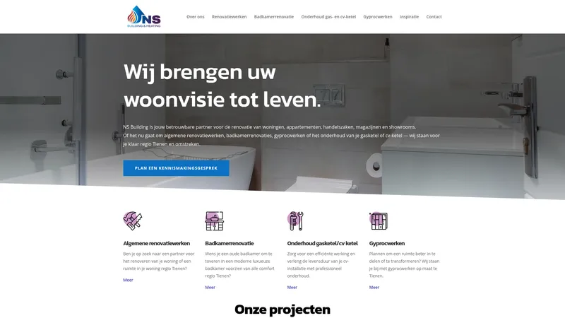 Website van NS Building: Algemene renovatie, badkamerrenovatie, gyprocwerken, gasketel & cv-ketel onderhoud in Tienen & Vlaams-Brabant.