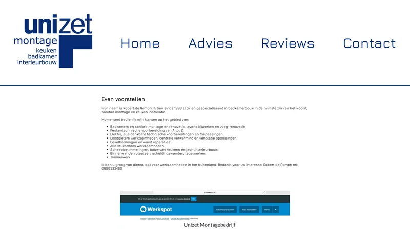 Website van Unizet Montagebedrijf
