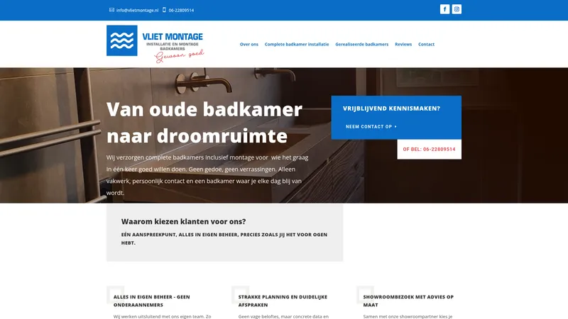 Website van Vliet Montage | Specialist in installatie en montage van badkamers, alles in eigen beheer.